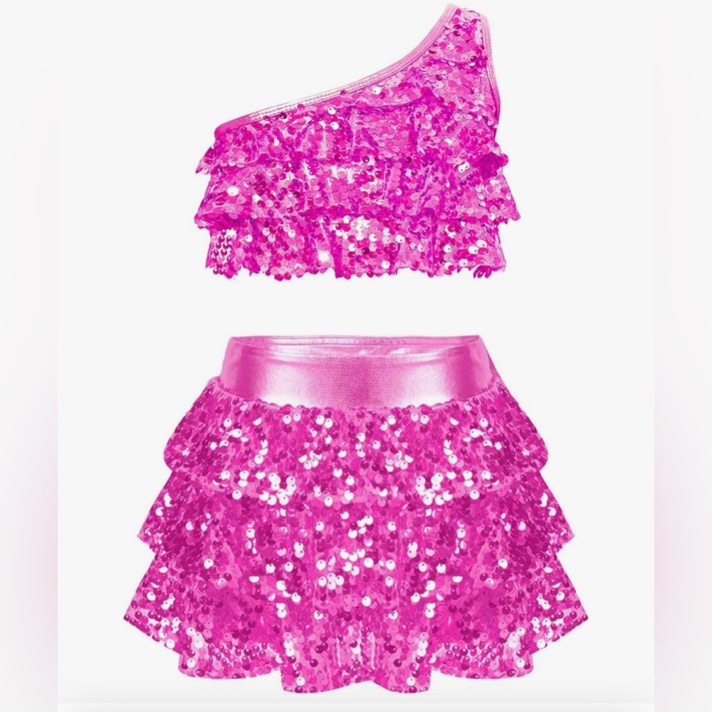2 Piece Dance Outfits Set- Sequins One Shoulder Crop Top